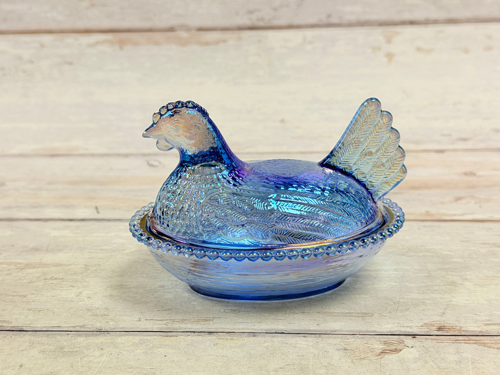 Blue Iridescent 4.5” Reproduction Import Hen on Nest Glass Dish