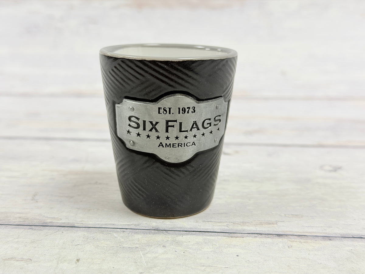 Six Flags America Black Ceramic Shot Glass with Commemorative Plaque