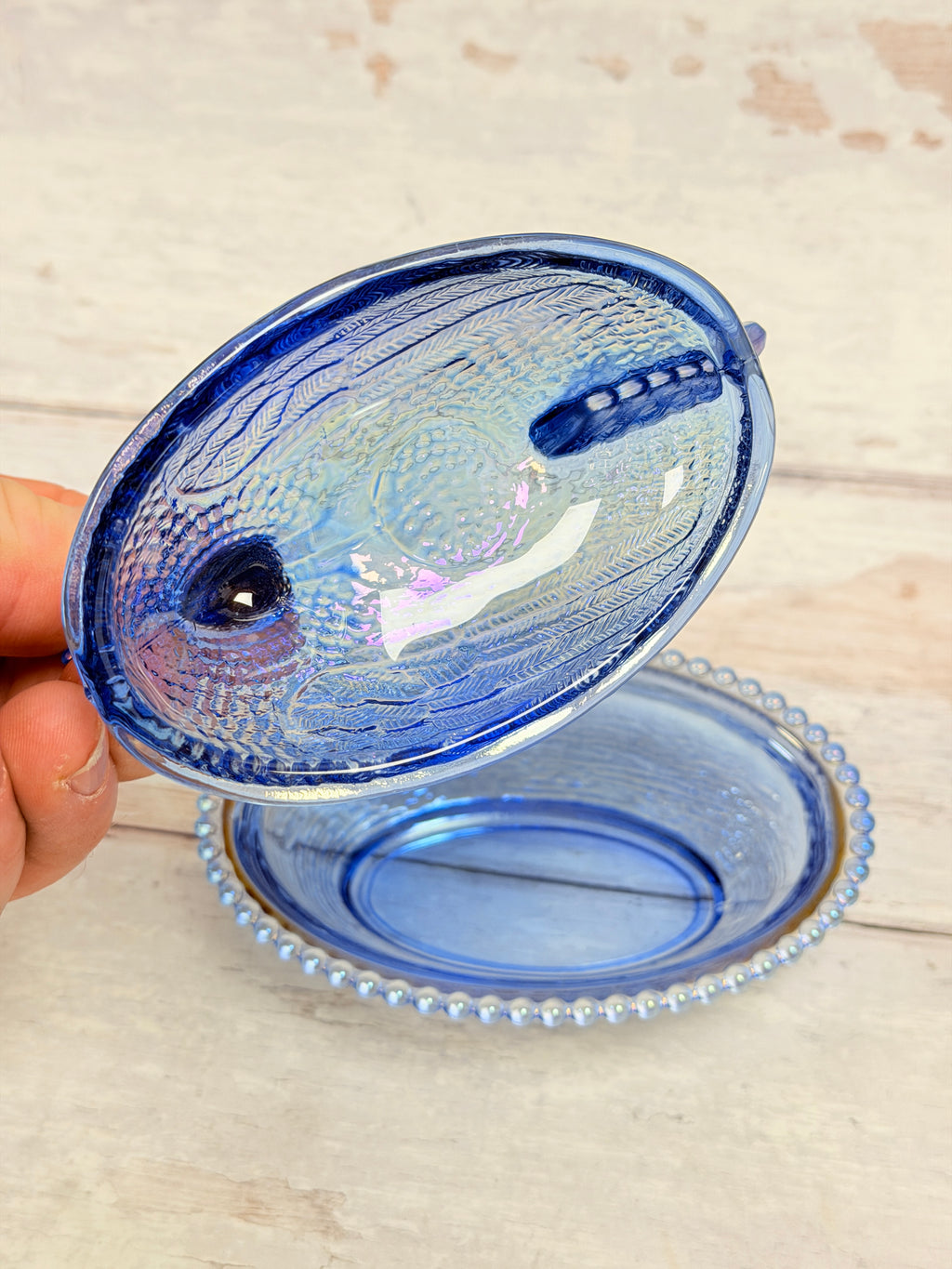 Blue Iridescent 4.5” Reproduction Import Hen on Nest Glass Dish