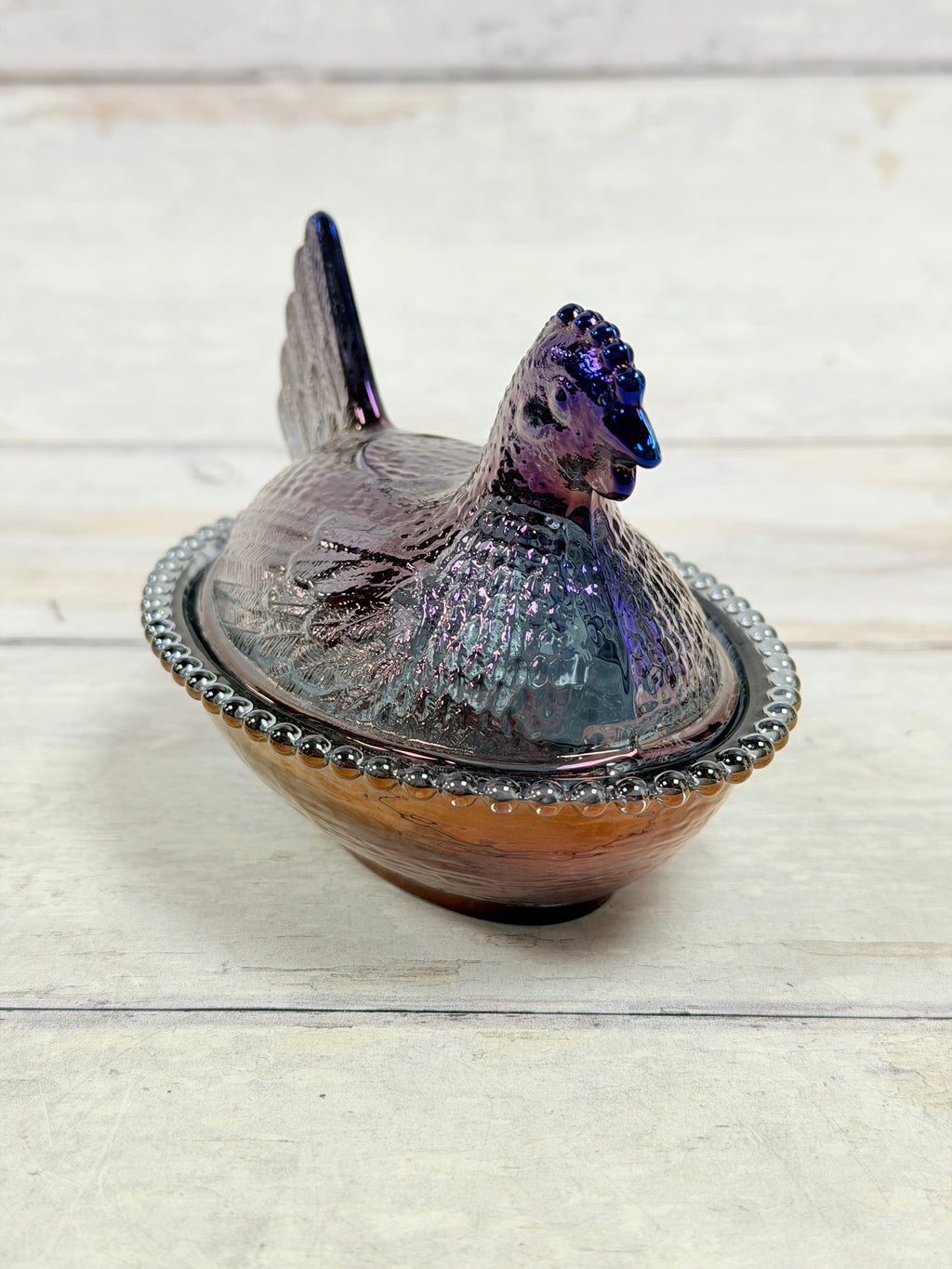 Smokey Iridescent 4.5” Reproduction Import Hen on Nest Glass Dish