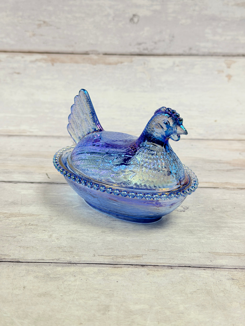 Blue Iridescent 4.5” Reproduction Import Hen on Nest Glass Dish