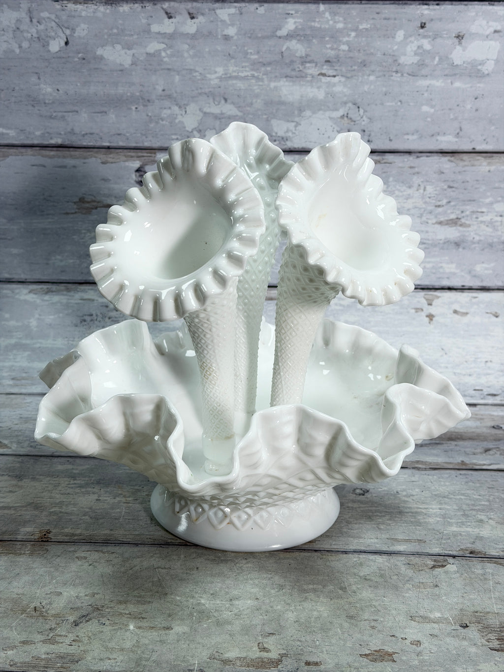 Three-horn milk glass epergne centerpiece with scalloped ruffled base