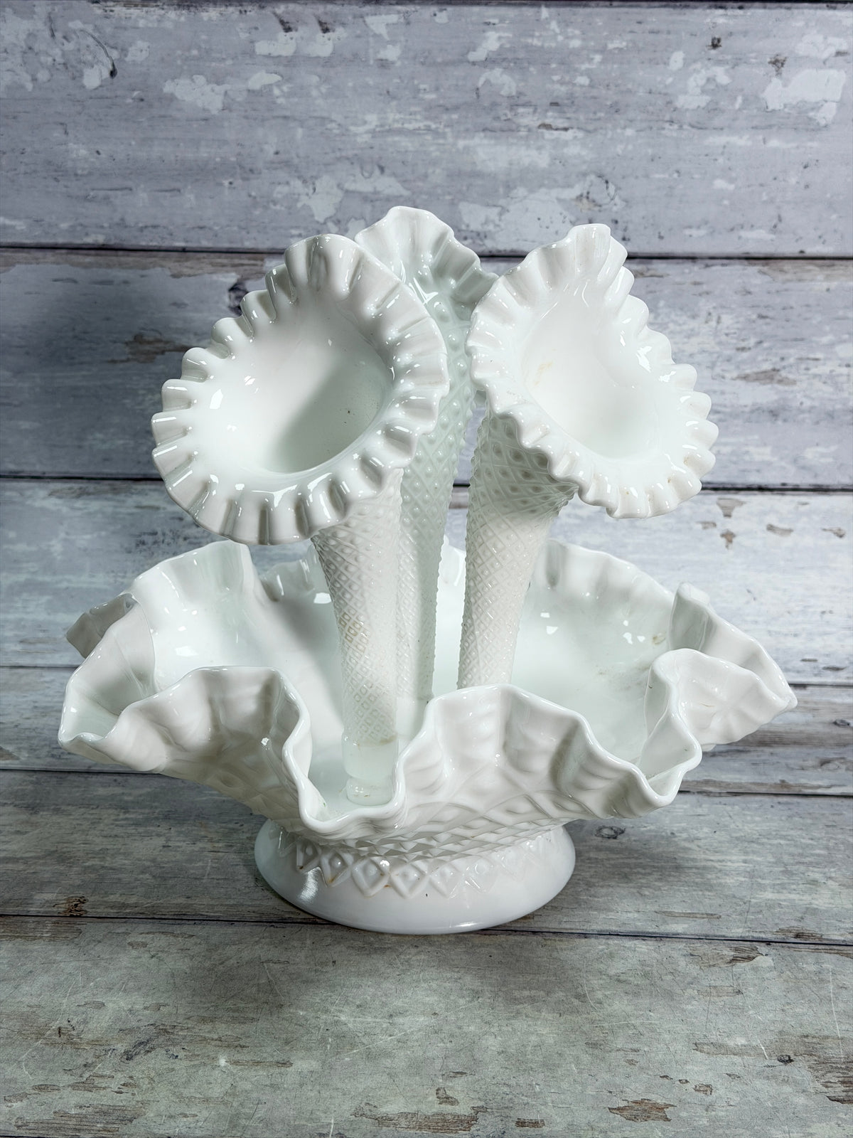 Three-horn milk glass epergne centerpiece with scalloped ruffled base