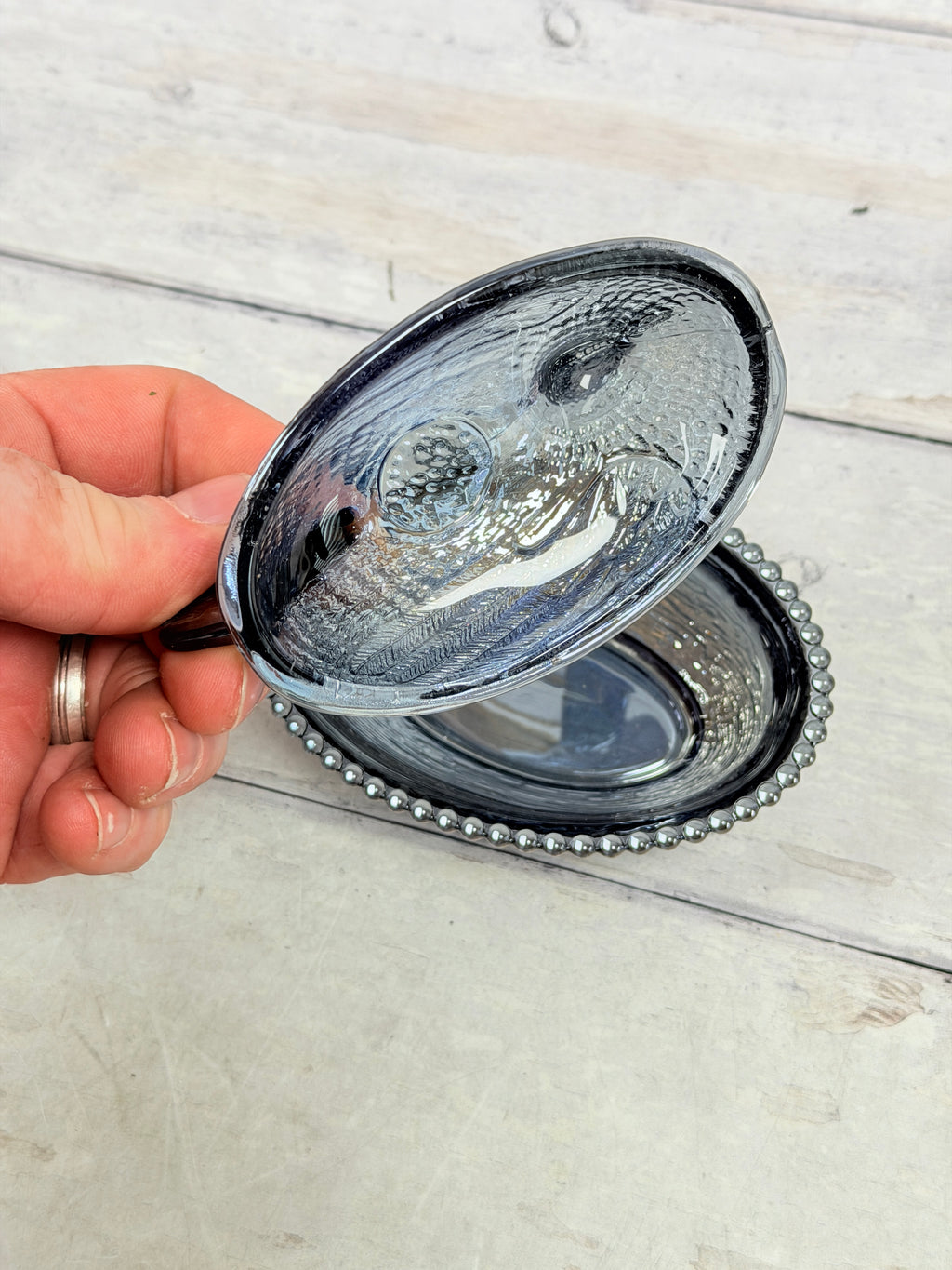 Smokey Iridescent 4.5” Reproduction Import Hen on Nest Glass Dish