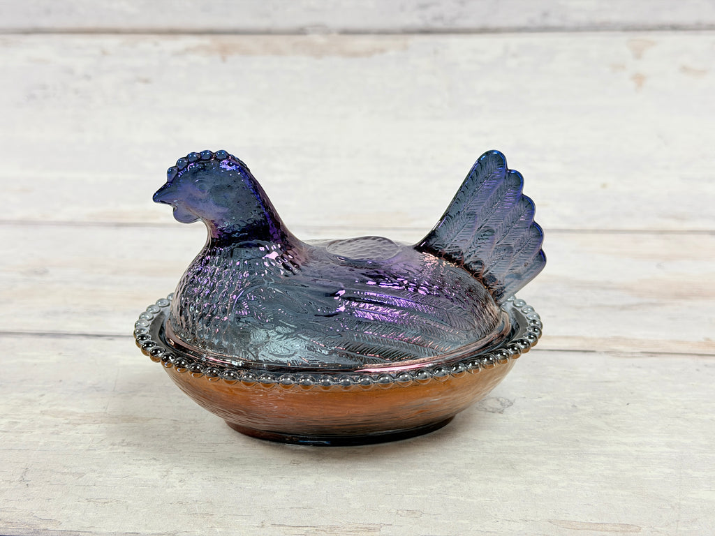 Smokey Iridescent 4.5” Reproduction Import Hen on Nest Glass Dish