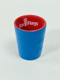 Six Flags Superman Ceramic Shot Glass Blue Red Embossed Logo