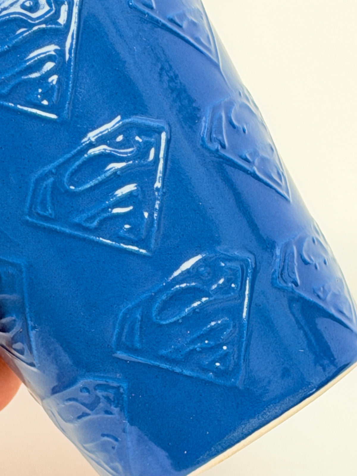 Six Flags Superman Ceramic Shot Glass Blue Red Embossed Logo