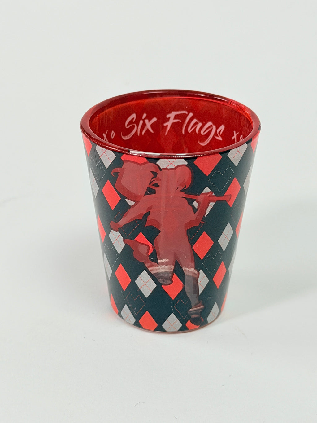 Six Flags Harley Quinn Glass Shot Glass Red Black Diamond