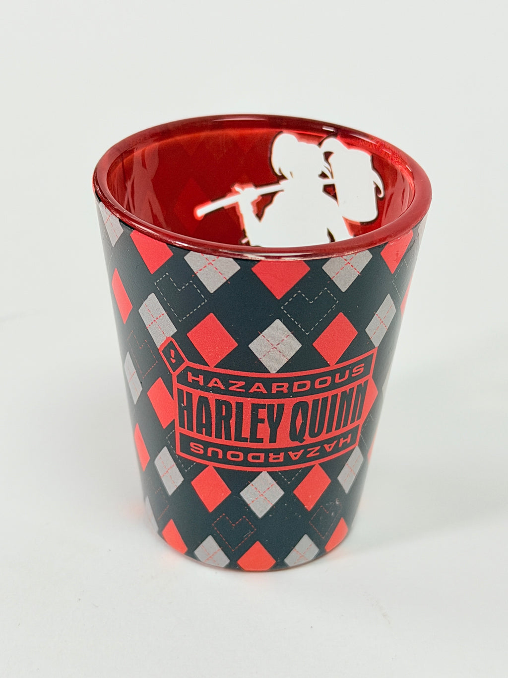 Six Flags Harley Quinn Glass Shot Glass Red Black Diamond