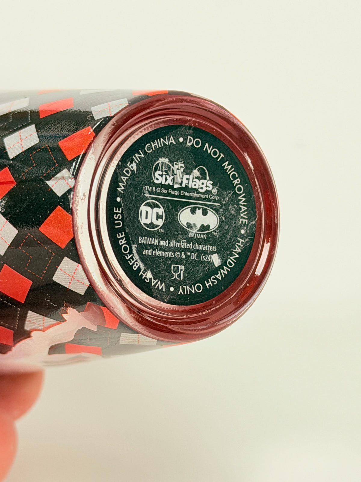 Six Flags Harley Quinn Glass Shot Glass Red Black Diamond