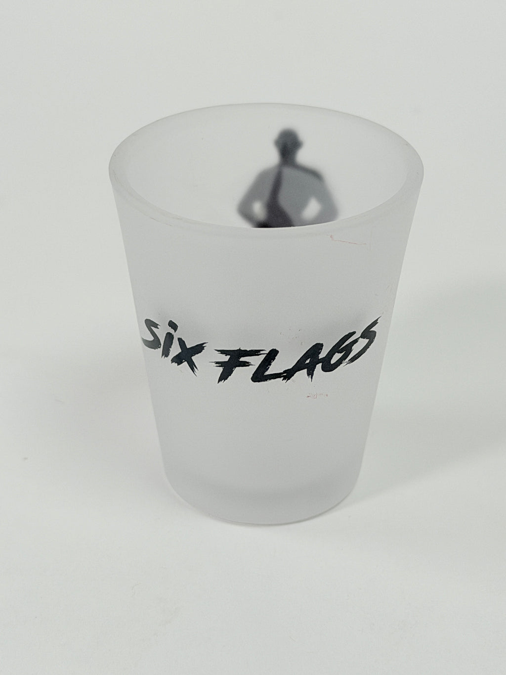 Six Flags The Flash Frosted Glass Shot Glass Brass Figure DC Comics Souvenir