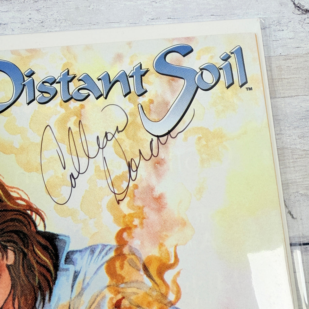 A Distant Soil #17 (1996) Colleen Doran cover: upper-right front cover and signature-like writing detail of the actual pre-owned copy.