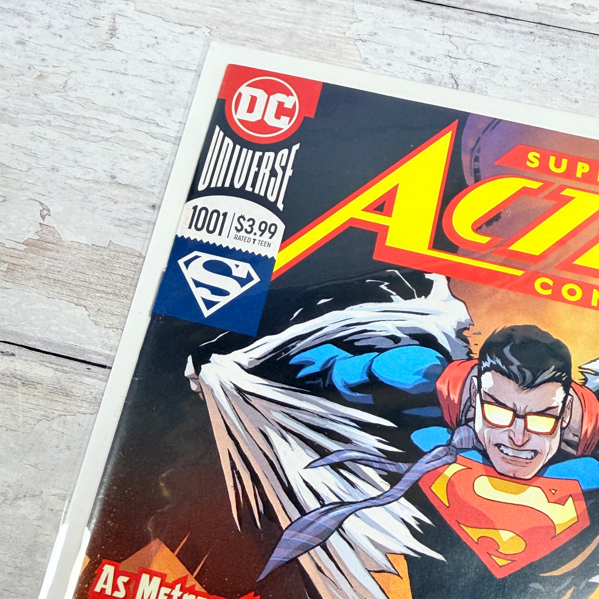 Action Comics #1001 (2018), Patrick Gleason regular cover: upper-left front detail of the actual pre-owned copy.