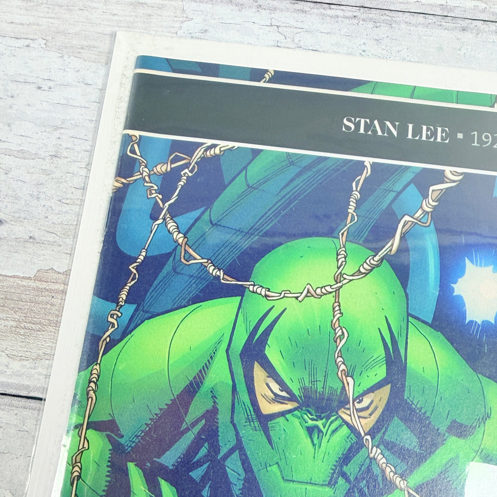Amazing Spider-Man #13 (2019), Ryan Ottley regular cover with Stan Lee memorial trade dress: upper-left front detail of the actual pre-owned copy.