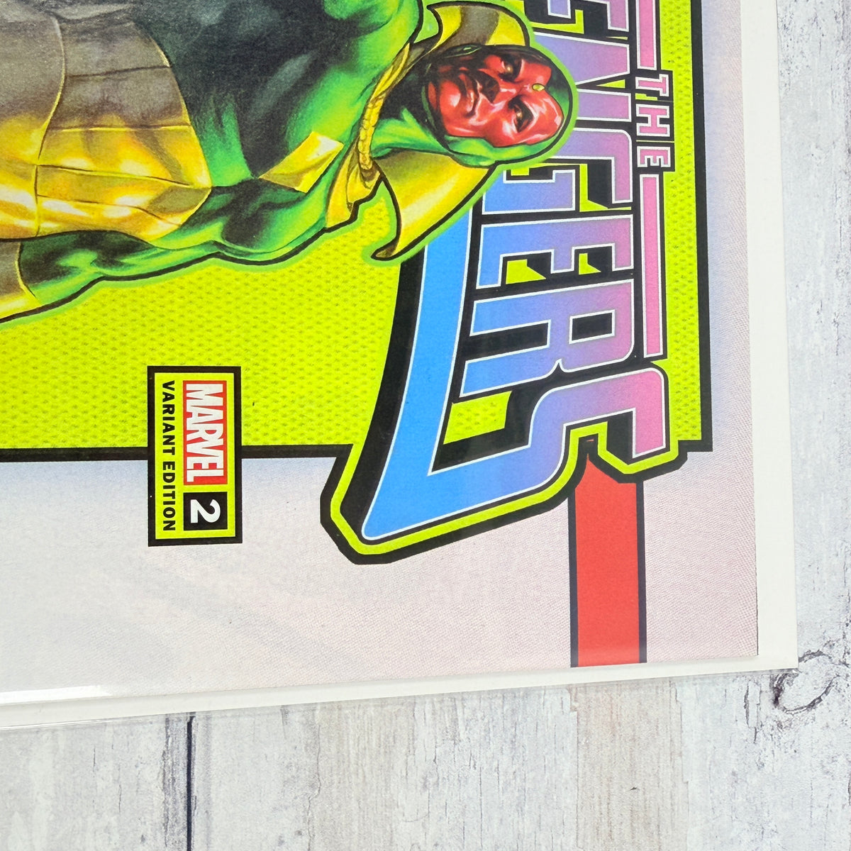 Avengers #2 (2023), Mark Brooks Corner Box variant featuring Vision: upper-right front detail of the actual pre-owned copy.