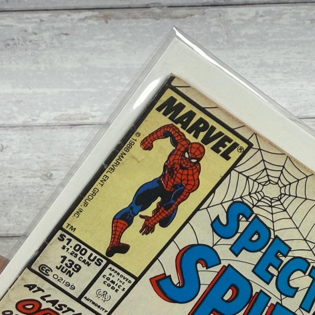 The Spectacular Spider-Man #139 (1988), Newsstand, actual copy cover detail 4