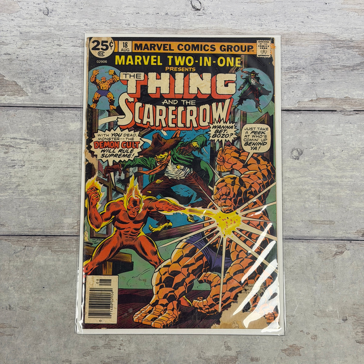 Marvel Two-in-One #18 (1976) front cover, 25-cent newsstand, Thing and Scarecrow, actual copy
