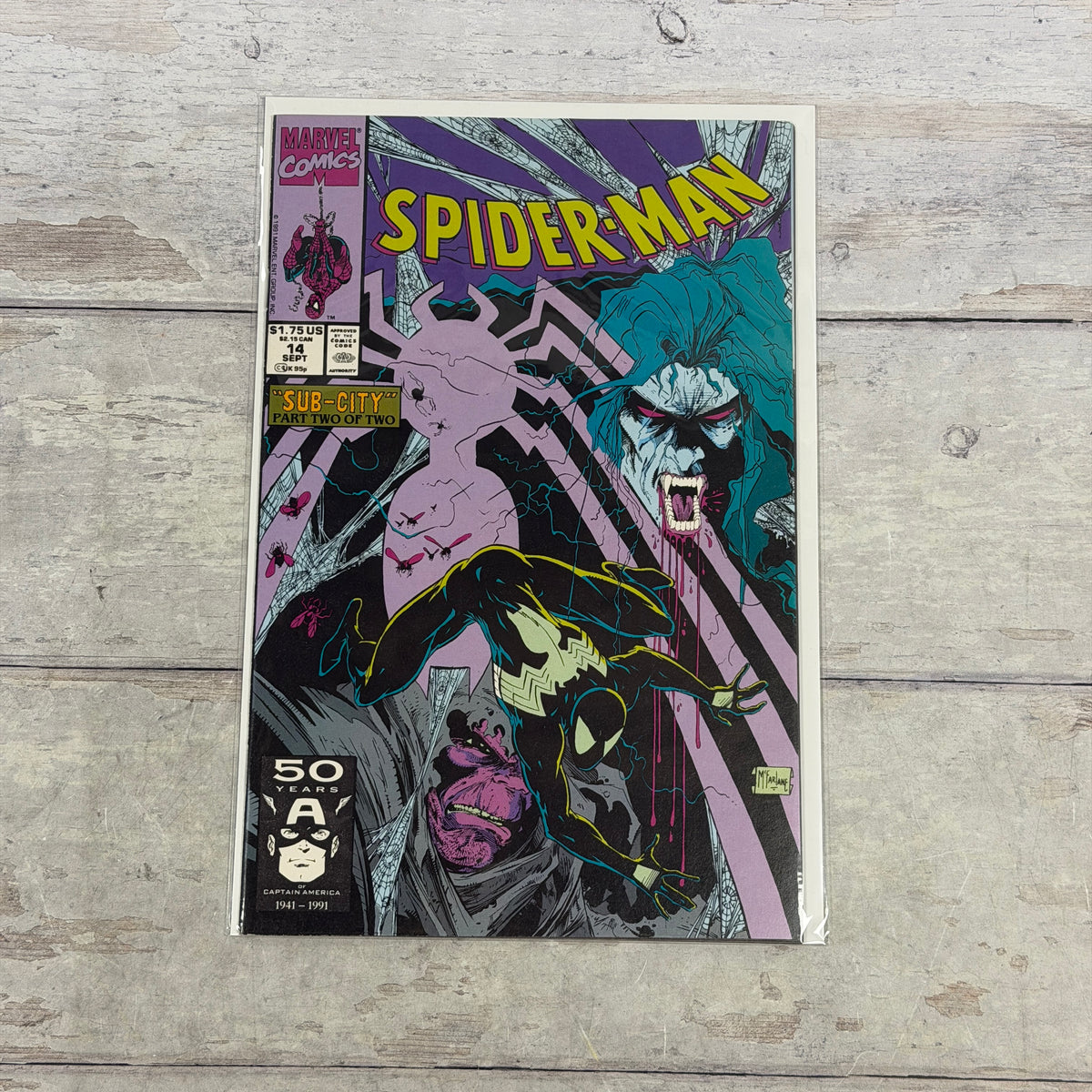 Spider-Man #14 (1991) front cover, Direct edition, Captain America 50th anniversary emblem, actual copy
