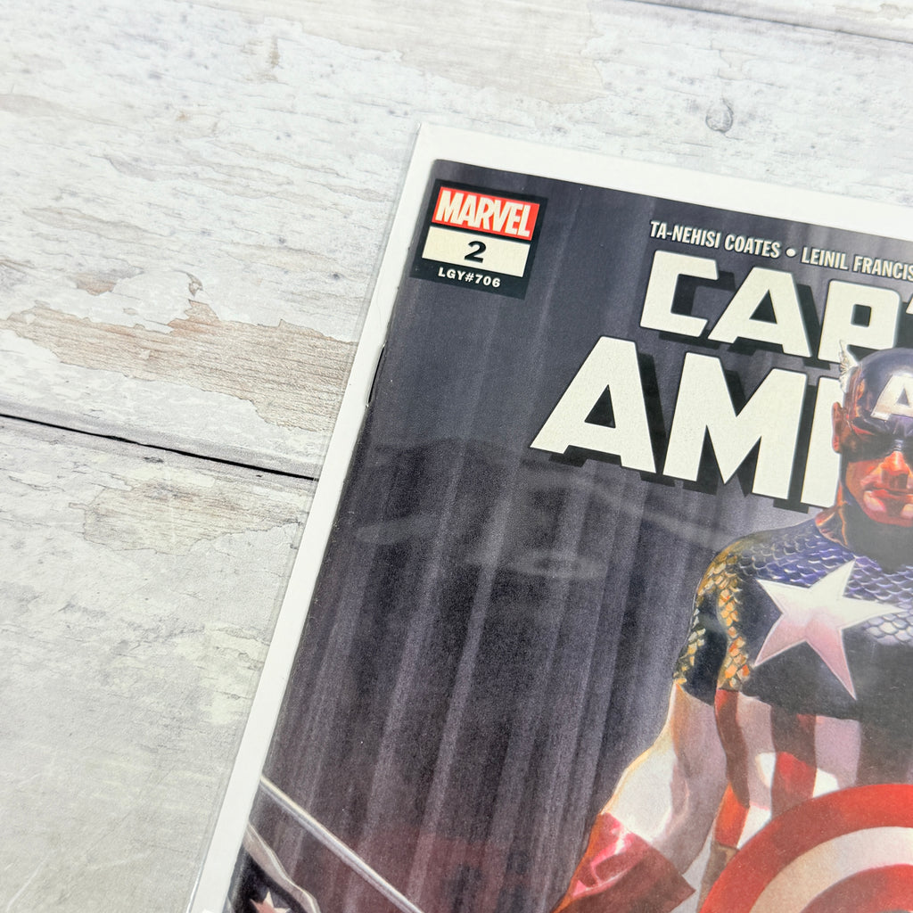Captain America #2 (2018), Alex Ross regular cover: upper-left front detail of the actual pre-owned copy.