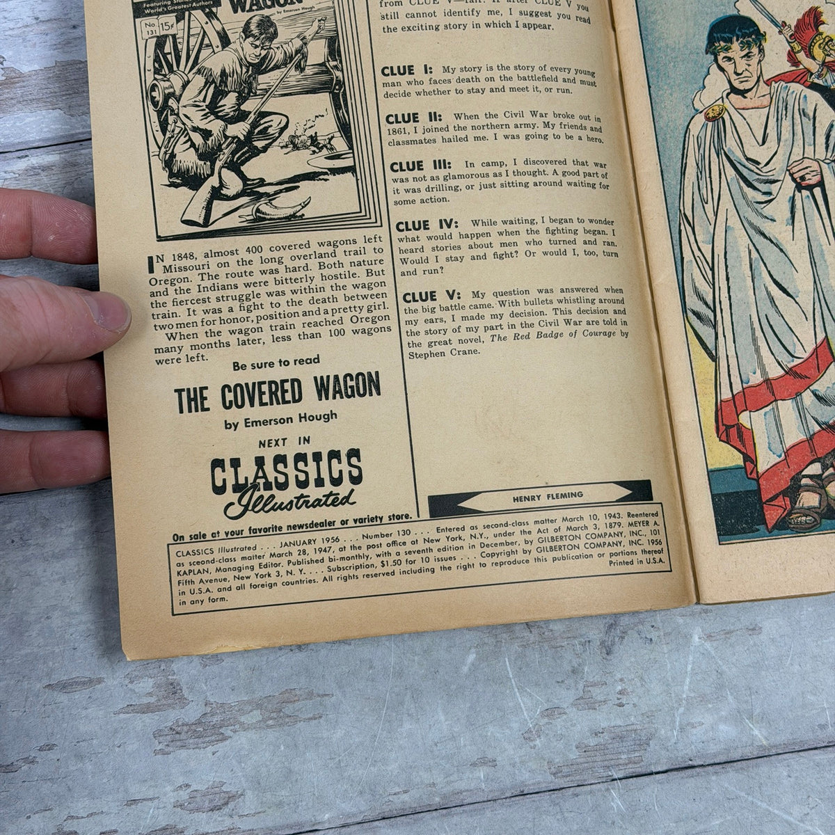 Classics Illustrated 130 Caesar's Conquests inside cover showing January 1956 issue 130 indicia and tanned paper
