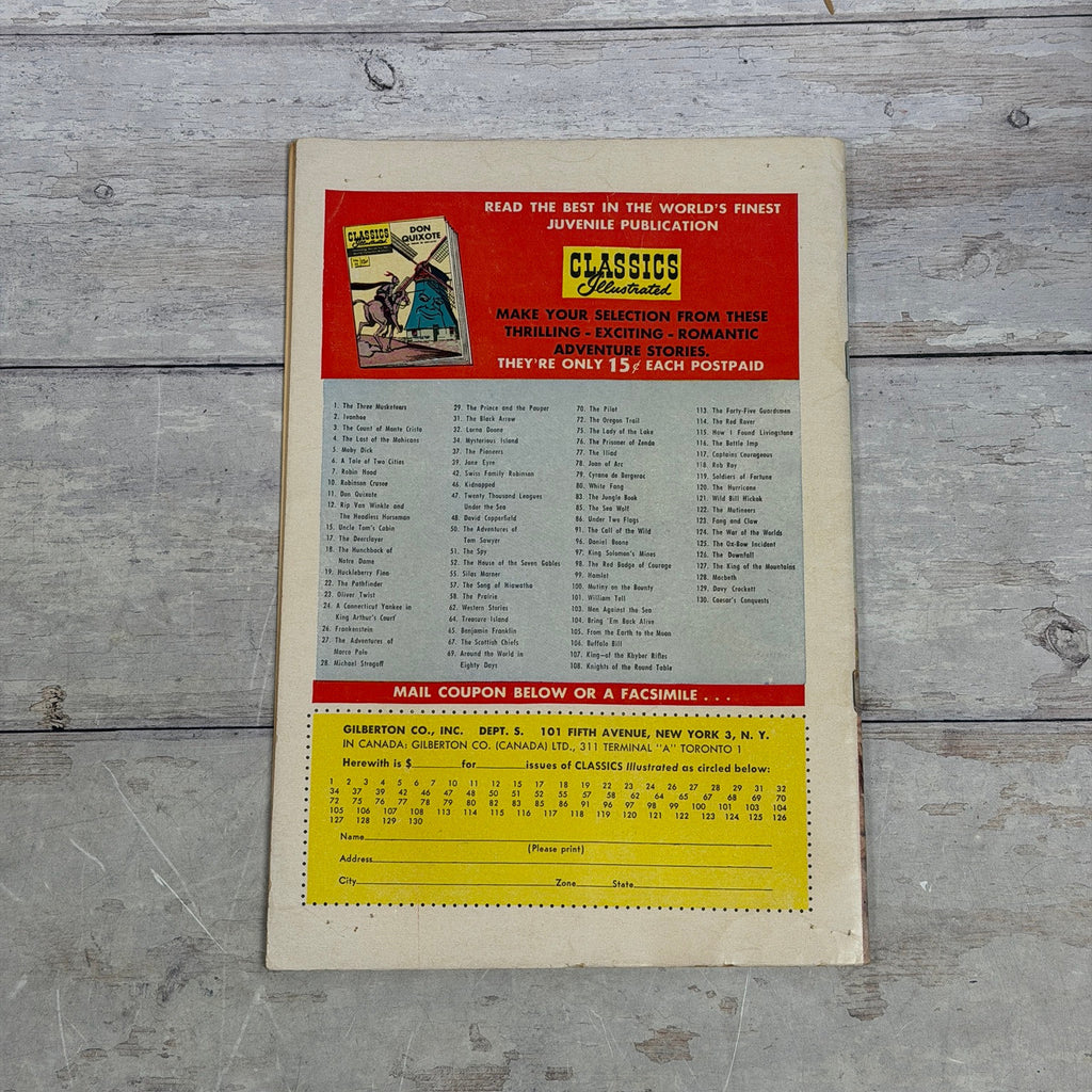 Classics Illustrated 130 Caesar's Conquests back cover with HRN 130 list, Don Quixote advertisement and right-edge tears