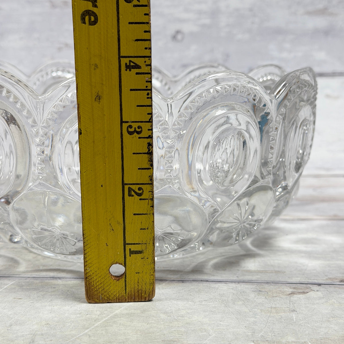 Vertical ruler beside clear Moon and Star bowl showing approximately 3¾-inch height