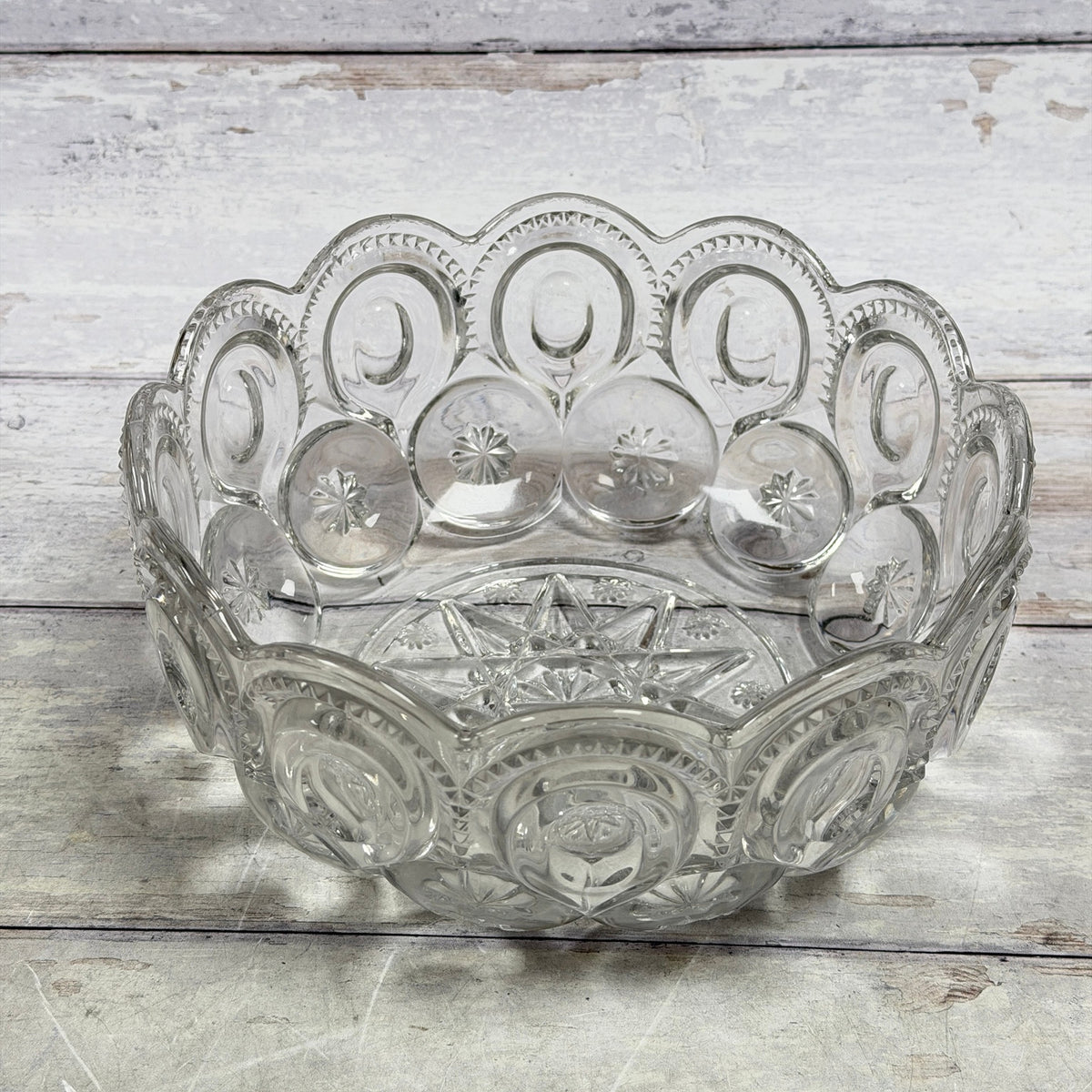 Interior view of clear Moon and Star bowl showing its patterned sides and star base