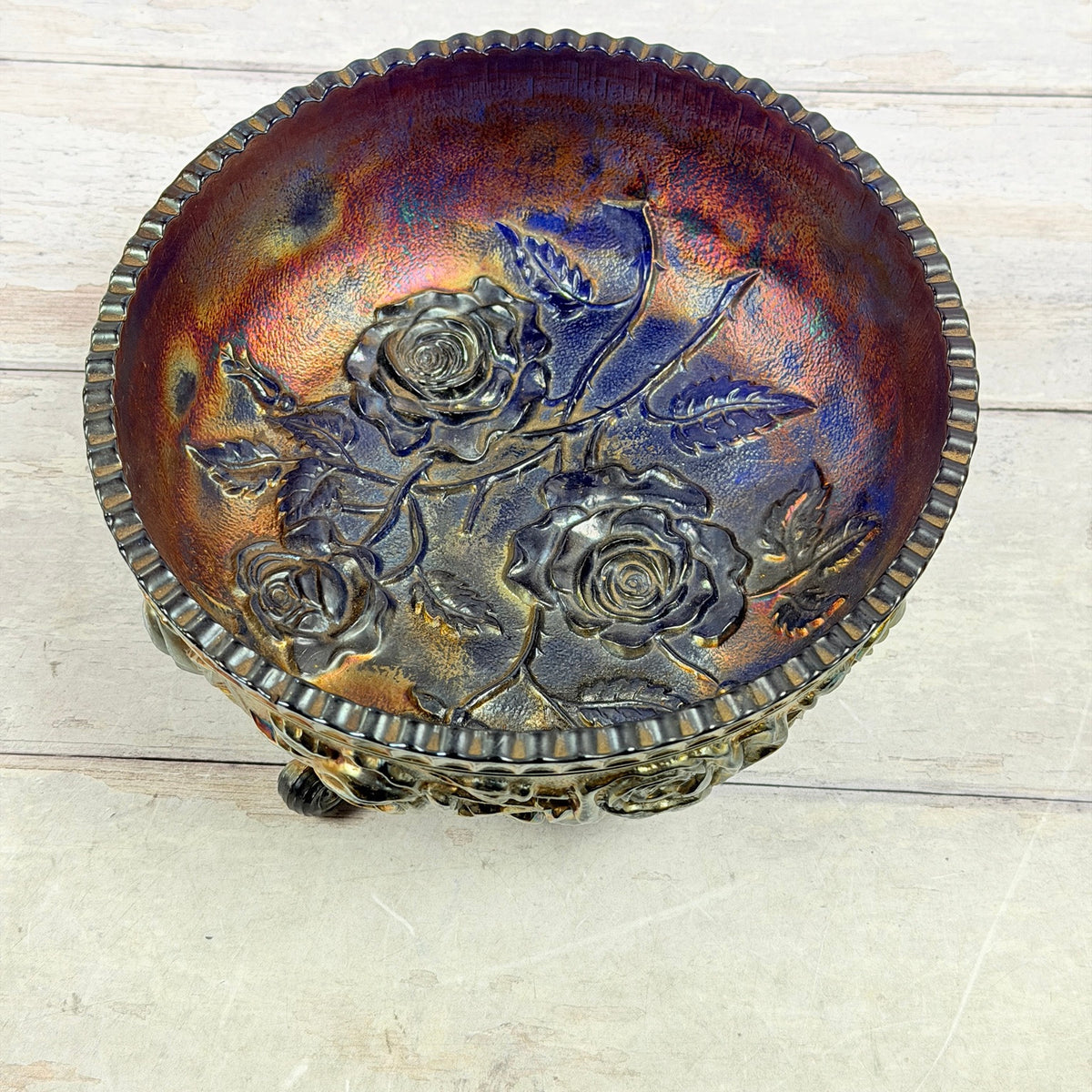 Cobalt blue carnival glass Imperial Rose pattern footed bowl, interior rose design