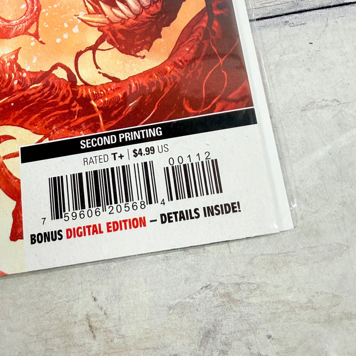 Cult of Carnage: Misery #1 (2023), Ken Lashley second printing: second-printing label and barcode detail of the actual pre-owned copy.