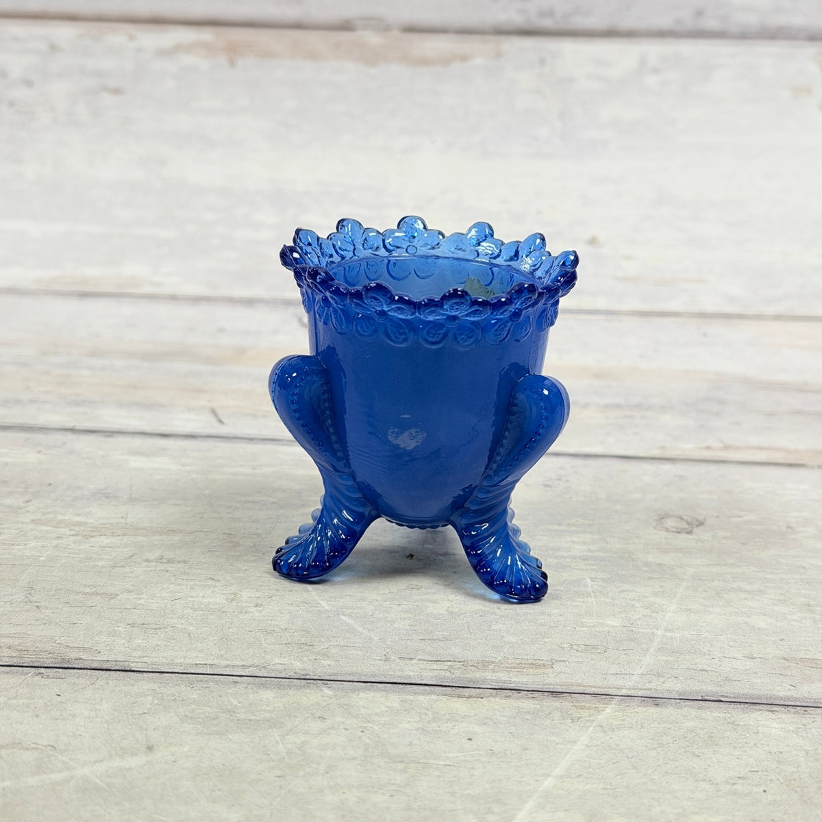 Degenhart blue glass Forget-Me-Not toothpick holder with three ornamental feet