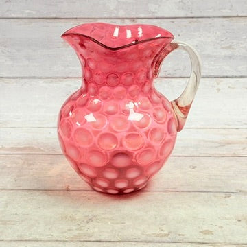 Fenton cranberry Coin Dot pitcher reverse with clear glass handle
