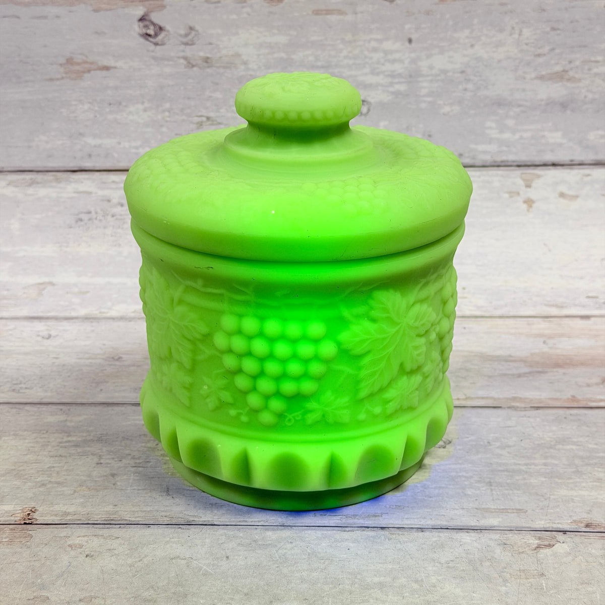 Alternate view of Fenton mint green satin Grape and Cable covered tobacco jar