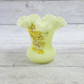 Fenton custard satin glass ruffled vase with hand-painted textured white daisies and yellow-green leaves