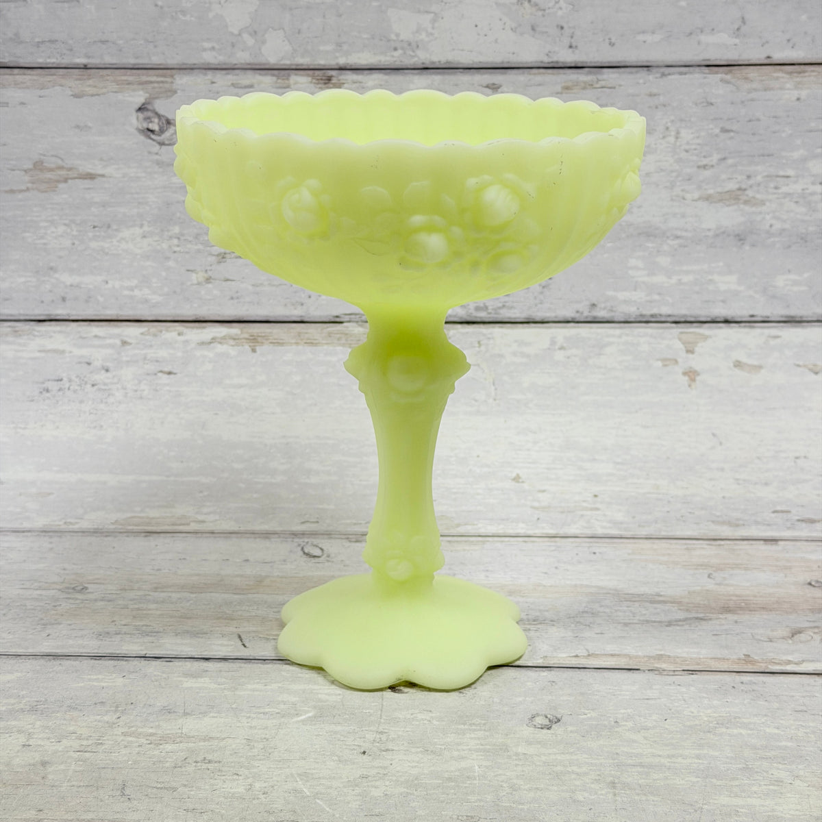 Fenton custard uranium glass Cabbage Rose compote with a scalloped bowl, raised roses and tall pedestal