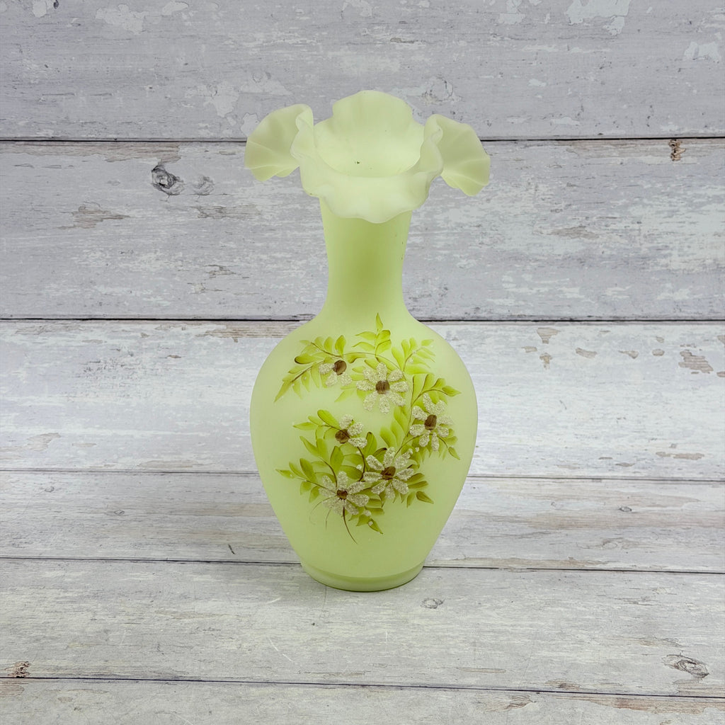 Fenton Daisies on Custard satin glass tall vase with a ruffled rim and hand-painted textured white daisies