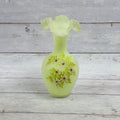 Fenton Daisies on Custard satin glass tall vase with a ruffled rim and hand-painted textured white daisies