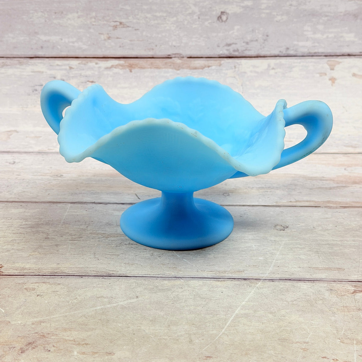 Fenton Blue Satin Three Fruits two-handled pedestal compote