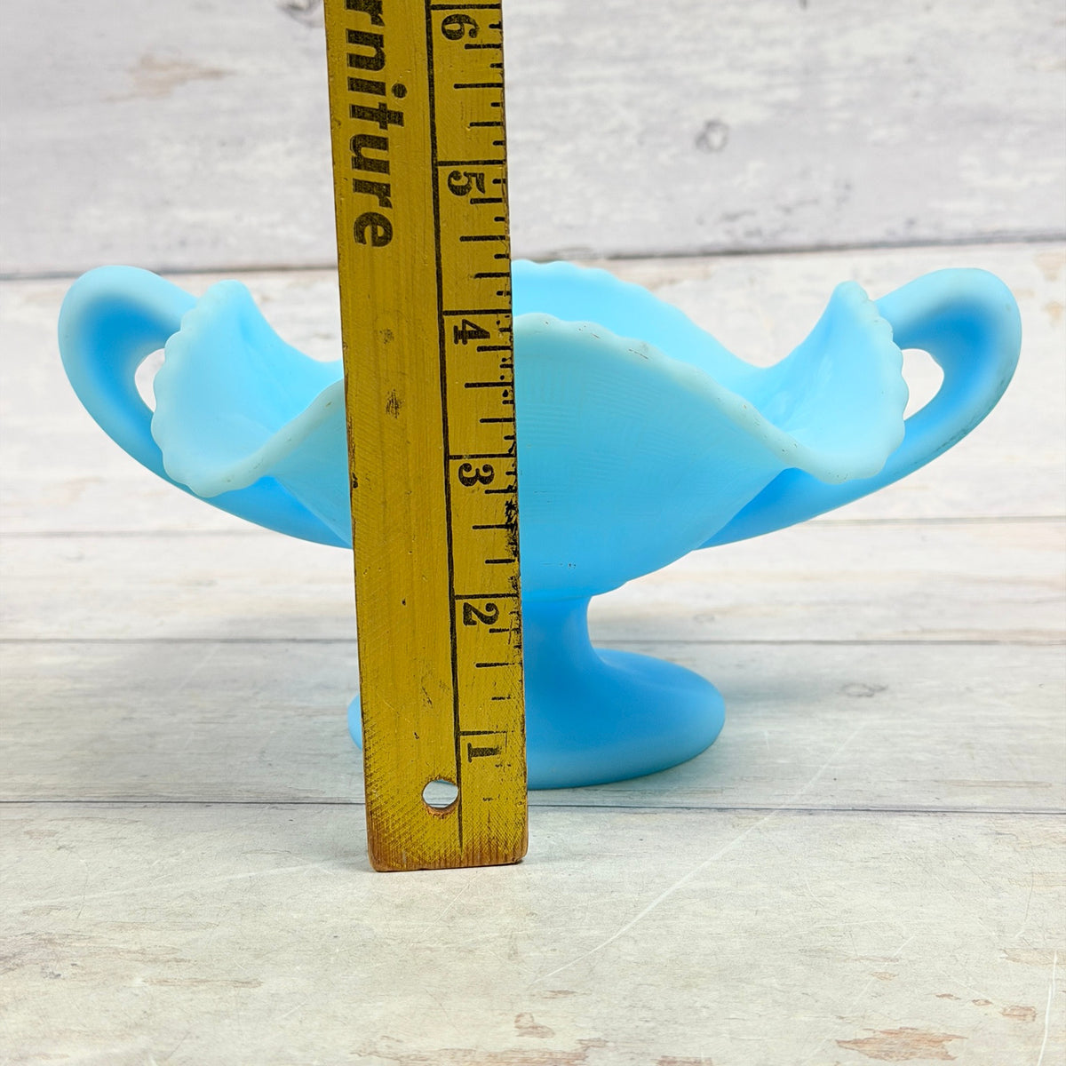 Fenton Three Fruits compote beside ruler showing approximate four and a half inch height
