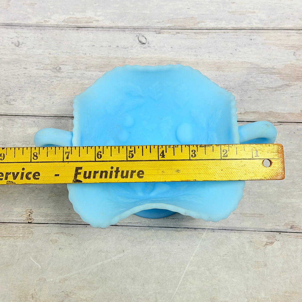 Fenton Three Fruits compote with ruler showing approximately eight inches across handles