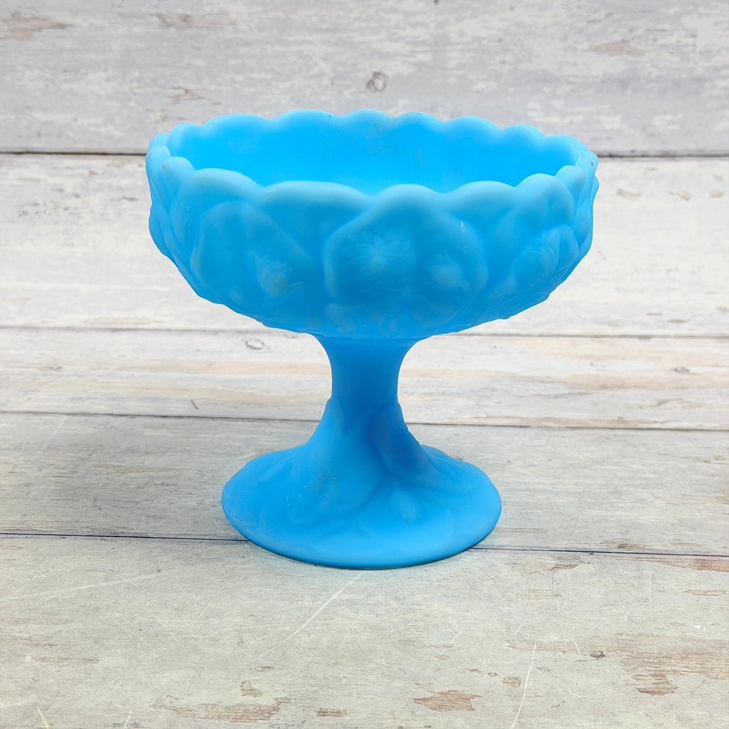 Fenton Blue Satin Water Lily pedestal compote with scalloped rim