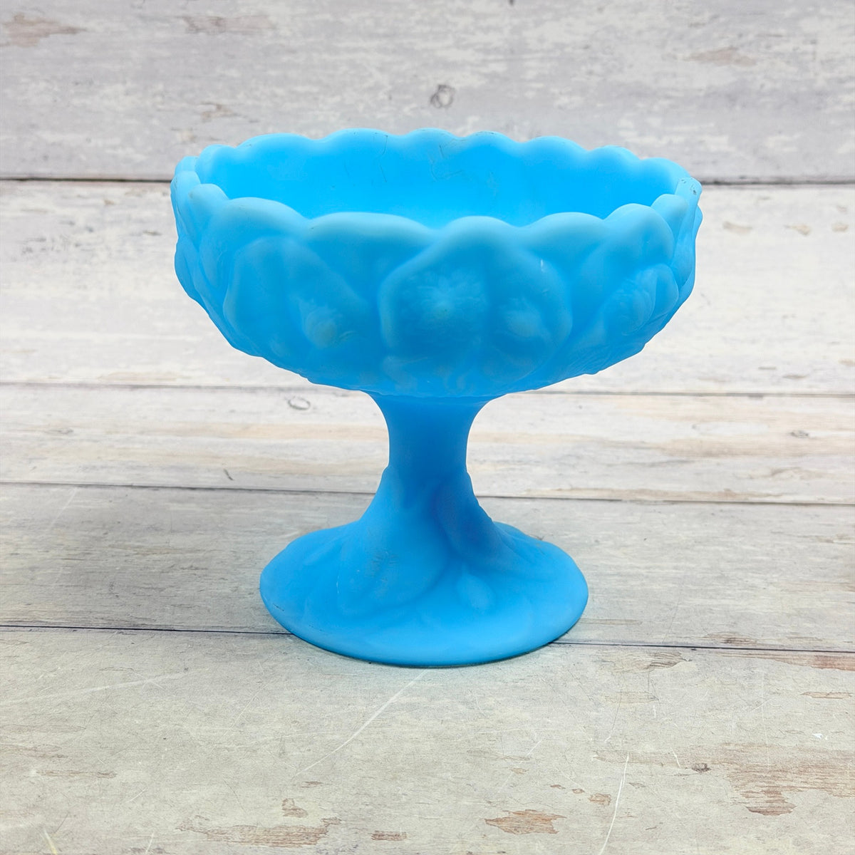 Fenton Blue Satin Water Lily pedestal compote with scalloped rim