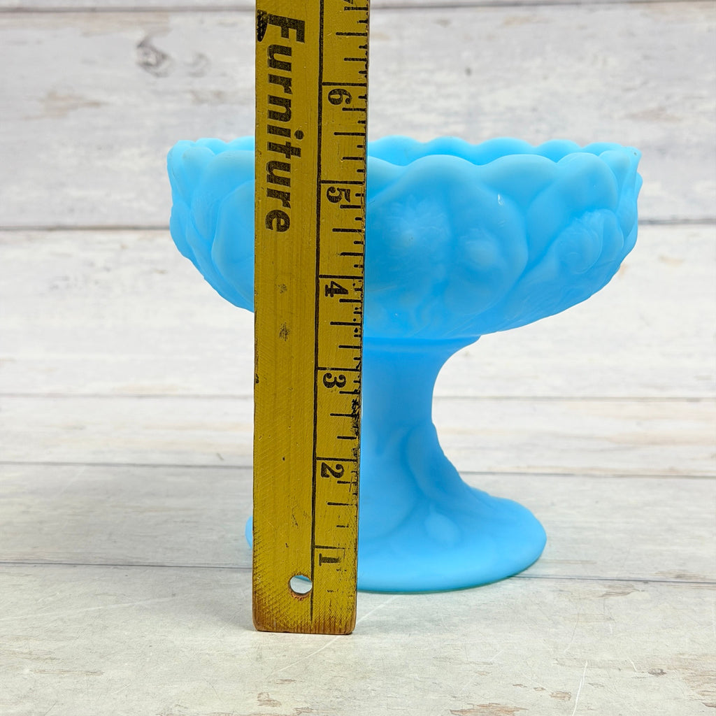 Fenton Blue Satin Water Lily compote beside ruler showing approximately five and a half inches in height