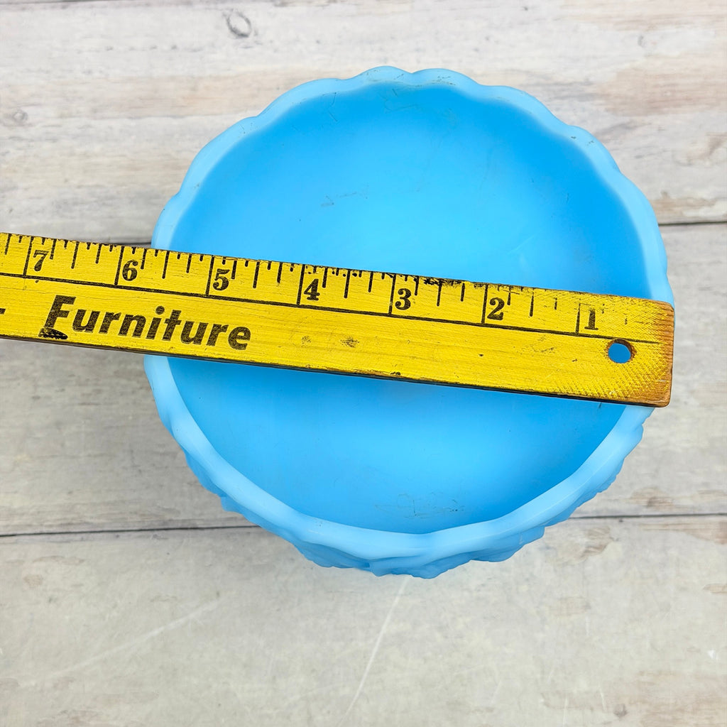 Fenton Blue Satin Water Lily compote with ruler across bowl showing approximate diameter