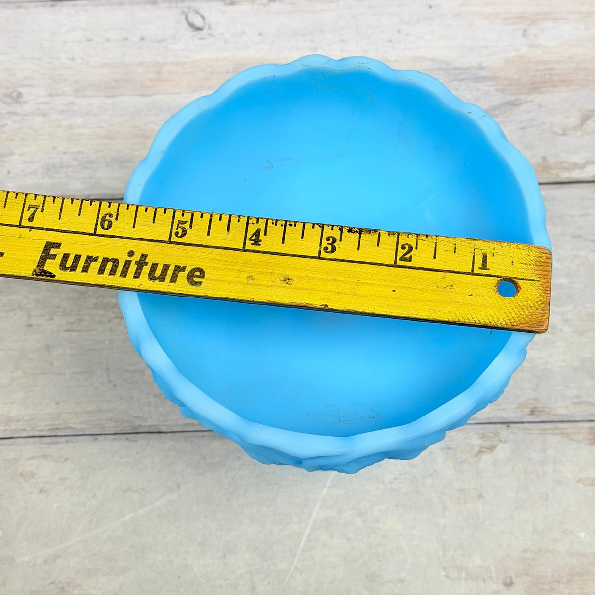 Fenton Blue Satin Water Lily compote with ruler across bowl showing approximate diameter