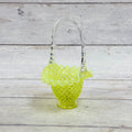 Fenton topaz opalescent hobnail glass basket with ruffled rim and clear applied handle