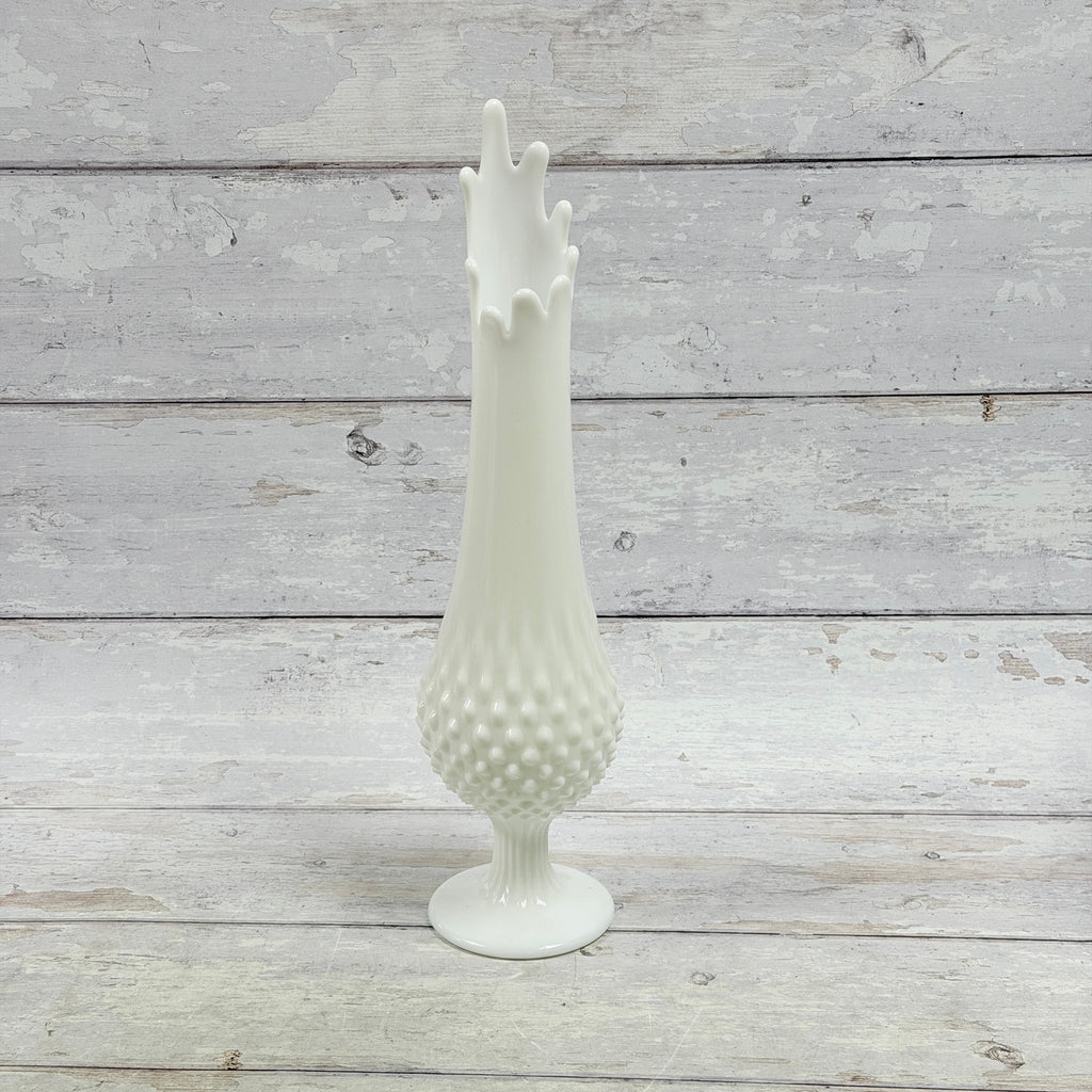 Fenton white milk glass hobnail swung vase with tall finger rim and pedestal foot