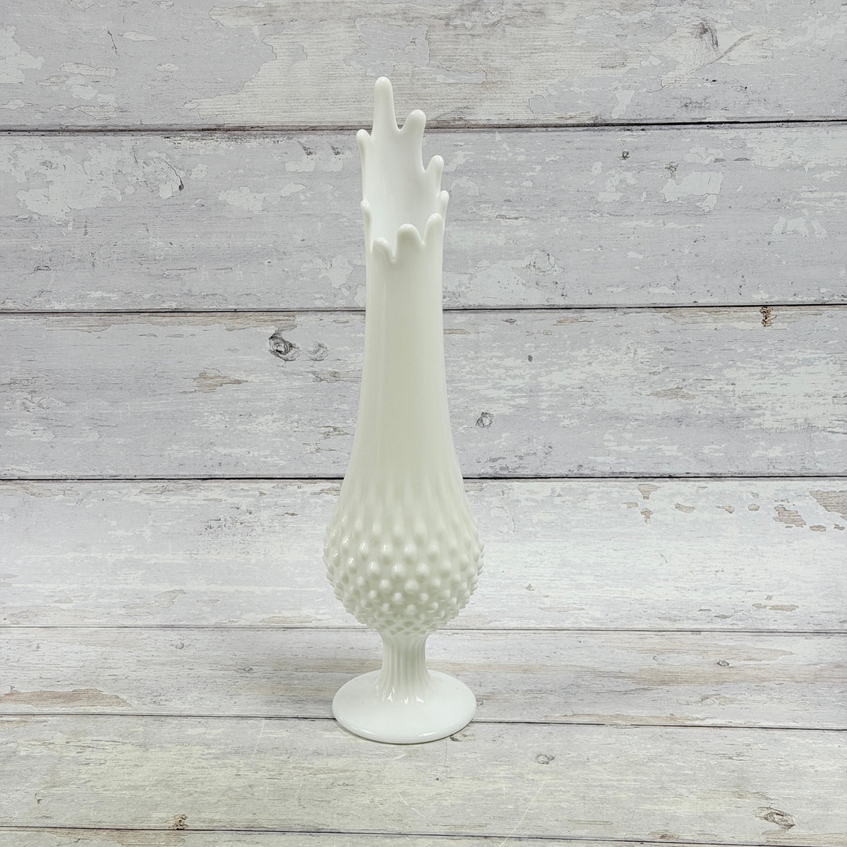 Fenton white milk glass hobnail swung vase with tall finger rim and pedestal foot