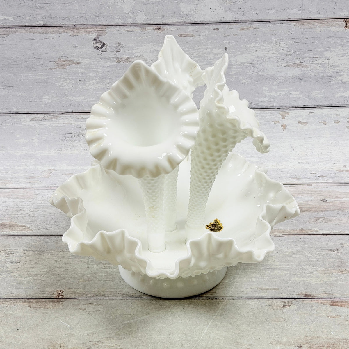 Fenton white milk glass hobnail epergne with three removable ruffled horns and footed bowl