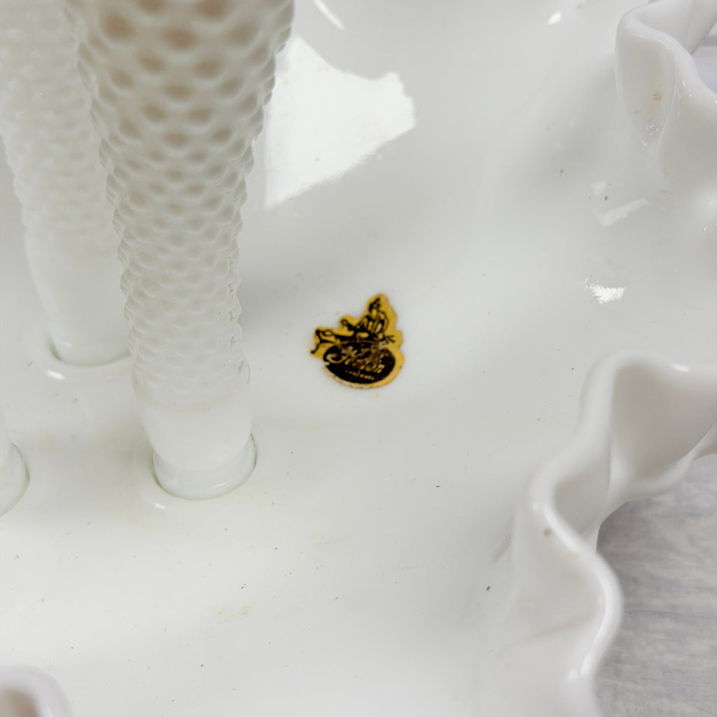 Original gold and black Fenton glassworker label inside milk glass epergne bowl