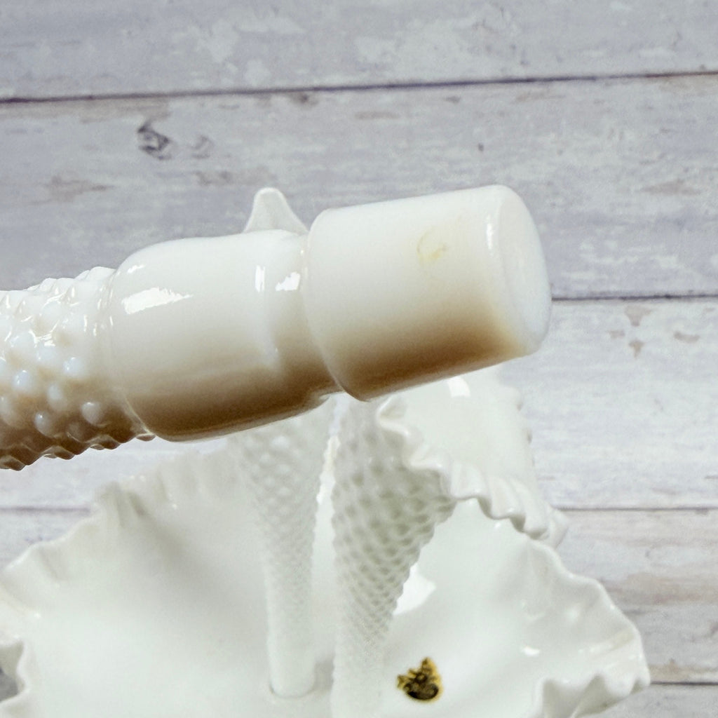 Close-up of first removable glass horn peg on Fenton hobnail epergne